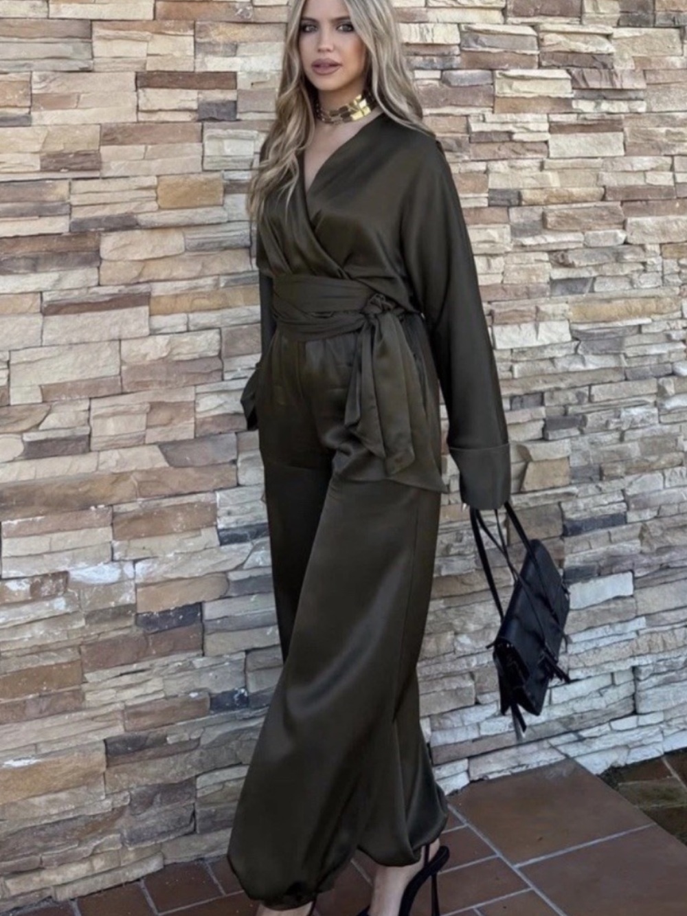 Zara Olive Green Satin Wrap Jumpsuit - Picture 2 of 5